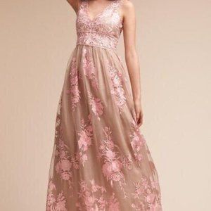 BHLDN X Anthropologie Lenox Dress Gown Embroidered Floral Gold Blush size 2